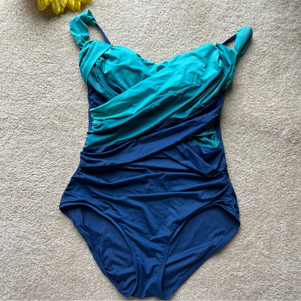 Badgley Mischka Draped One-Piece Swimsuit Blue Size 4